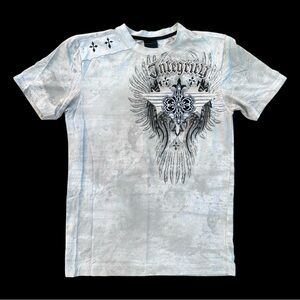 Vintage Y2K Raw Blue T-Shirt Gray Size Large Grunge Cross Wings